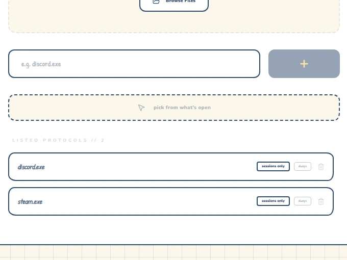 The blocked apps list in Lock-In, showing blocked executables.